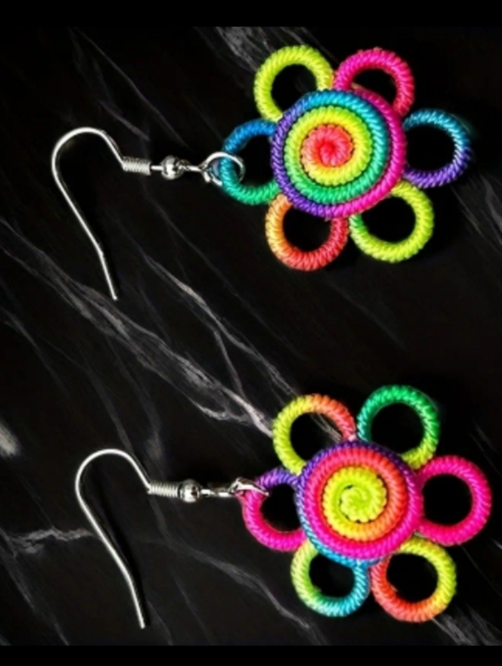 Hand Crafted Rainbow Floral Spiral Dangle Earrings - Picture 3 of 4